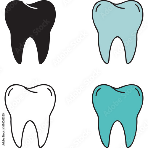 Four Simple Tooth Icons Black White Teal Variations teeth dental dentistry icon symbol symbols healthcare medicine medical health vector