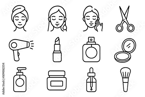 Beauty line icon set. Skincare and cosmetics outline symbols. Makeup, hairdressing, spa concepts. Vector icons for woman, face cream, lipstick, perfume, hairdryer, scissors.
