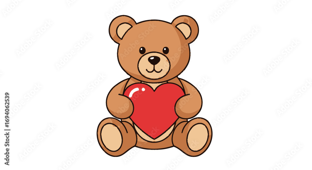 Obraz premium Adorable cartoon teddy bear holding a bright red heart, symbolizing love and affection.