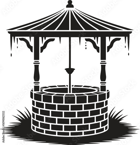 Old Brick Well Silhouette – Vintage Water Well Icon Vector Illustration 