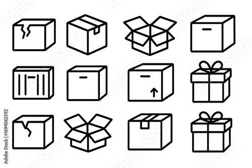 Boxes line icon collection. Vector outline symbols of packaging. Cardboard, shipping, parcel, gift box. Open, broken container icons for delivery, logistics, web design.