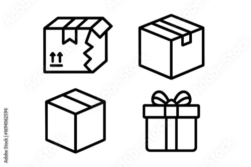 Boxes line icon pack. Vector outline signs for delivery, shipping, and gifts. Includes broken, fragile, parcel, container, and giftbox symbols for web and graphic design.