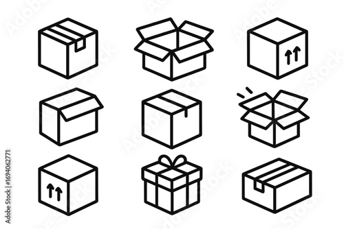 Vector outline icon set of cardboard boxes for shipping, delivery, and storage. Isometric package, parcel, and gift box illustration for web design, apps, and logistics.