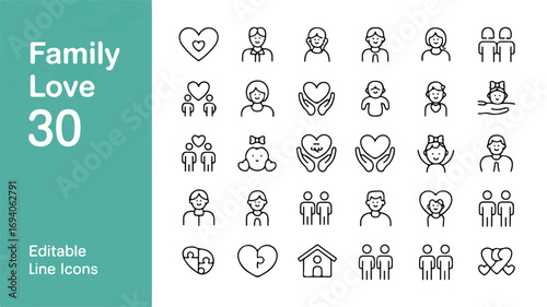 Collection of Line Icons Representing Family, Love, and Relationships on a White Background