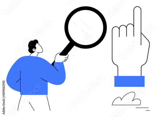 Male figure holds magnifying glass aimed at oversized hand with raised index finger. Ideal for research, analysis, focus, growth, exploration, problem-solving, and education. Simple landing page