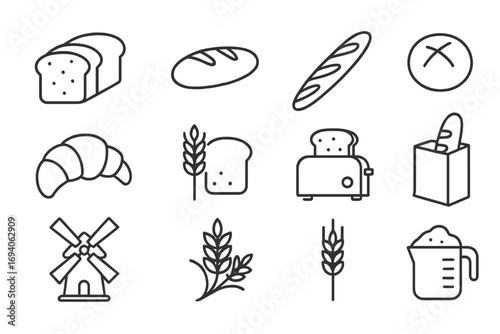Bread and bakery related line icon set. Vector symbols for baking, food, cooking. Includes toast, croissant, baguette, wheat, and flour. Editable stroke illustration for web.