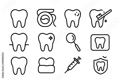 Dentistry line icon set. Dental care, tooth, caries, floss, cleaning, crown, implant, xray vector icons. Stomatology outline pictograms for web, apps, and graphic design.