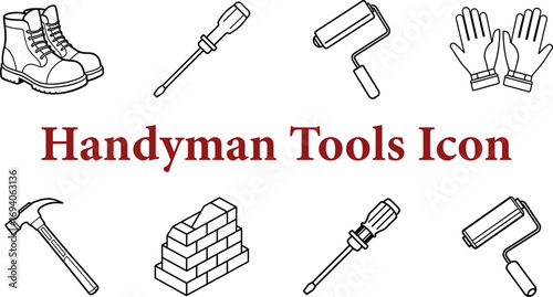 Handyman tools icon set including a hammer, screwdrivers, paint rollers, work boots, gloves, and brick wall, isolated on transparent background