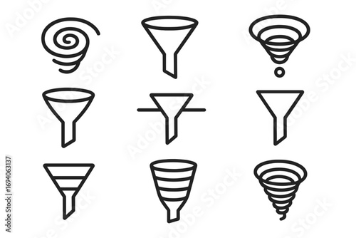 Funnel filter vortex line icon set. Data sorting, sales pipeline, marketing conversion concepts. Simple vector graphics for UI, UX, web, app design, and infographics.