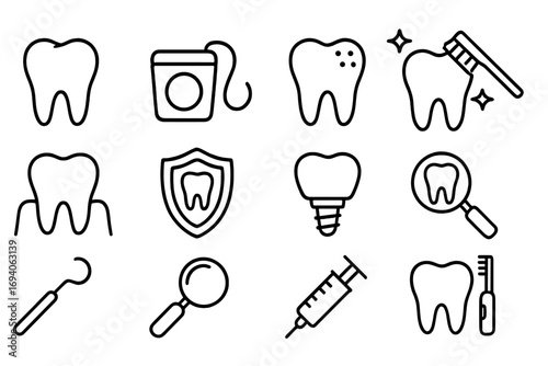 Dentistry line icon set. Dental care and oral hygiene vector symbols. Tooth, caries, implant, floss, cleaning, brushing, protection. Stomatology outline graphic signs.