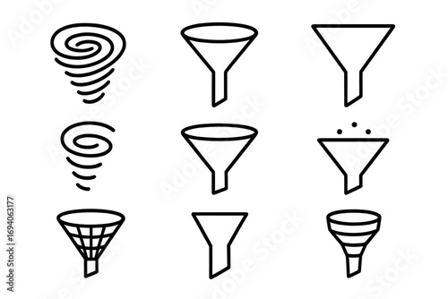 Sales funnel & data filter line icon set. Conversion process, lead generation & pipeline symbols. Vortex & swirl icons for marketing, business analytics, UI/UX & web design.