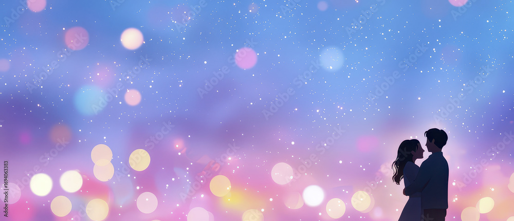 Obraz premium Romantic silhouette of couple embracing against dreamy, colorful bokeh background filled with soft lights and starry sky