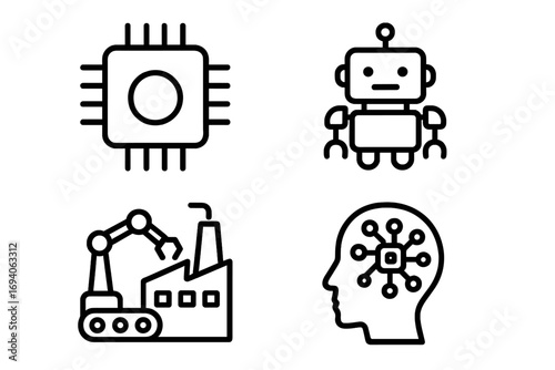 Set of technology line icons. Artificial intelligence, robot, industrial automation, microprocessor chip. Vector symbols for AI, machine learning, robotics, smart factory, tech.