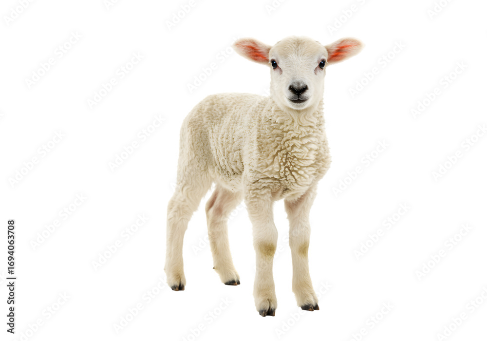 Obraz premium Cute Lamb Farm Animal Photography Young Sheep Fluffy Wool Spring Lamb White Sheep Animal Portrait on transparent background