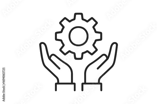 Hands holding gear cogwheel line icon. Business process management and engineering concept. Technical support service. System development, innovation and solution symbol.