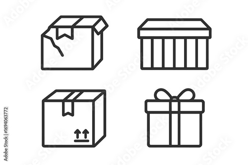 Box line icon set collection. Shipping and delivery signs. Parcel, giftbox, container, broken carton symbols. Vector outline pictogram for e-commerce, logistics, web, app.