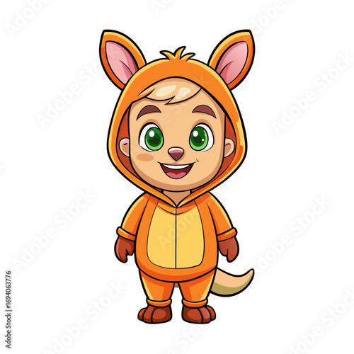 Cute kid smiles happily while wearing a soft kangaroo costume