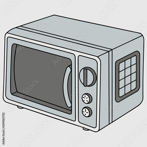 Stylized microwave illustration with front handle, control panel, and side vents in a clean, minimal design.