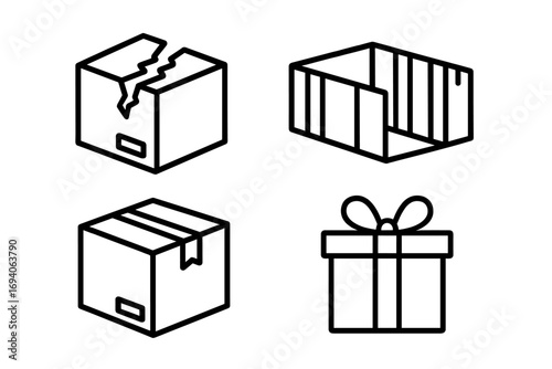Box line icon set for delivery and shipping. Vector collection of parcel, gift, broken package, and container symbols. Outline icons for logistics, e-commerce, and web design.