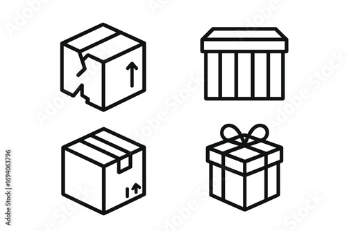 Box and gift line icon set. Vector outline illustration for logistics, e-commerce. Shipping, delivery, package signs. Parcel, container, broken box, giftbox symbols.