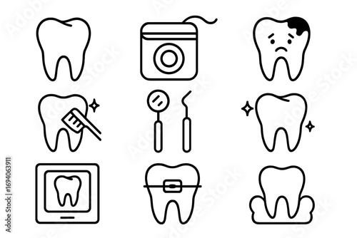 Dentistry line icon set. Dental care, oral hygiene concepts. Tooth, floss, caries, brushing, braces, x-ray, gingivitis. Vector icons for web, apps, and graphic design.