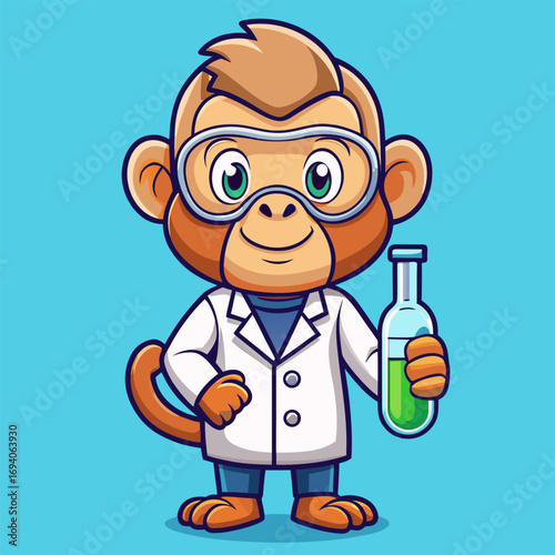 monkey scientist looks excited while experimenting with chemical liquid
