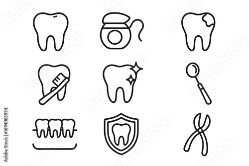 Dentistry line icon set. Dental care and oral hygiene concept. Tooth, caries, floss, toothbrush, cleaning, protection, extraction tool outline pictograms for web and graphic design.