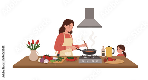Woman cooking delicious food in a modern kitchen with child watching.