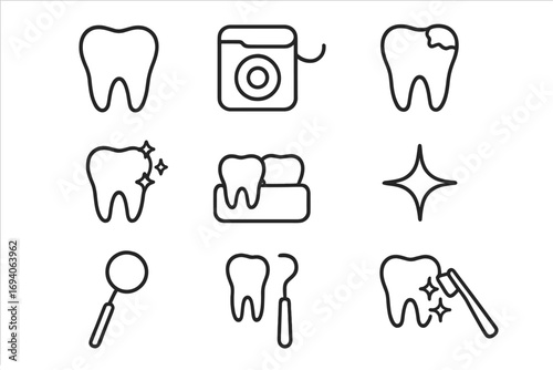 Dentistry line icon set. Dental care outline signs collection. Teeth, floss, caries, cleaning vector symbols. Oral hygiene, stomatology and dentist tools concept illustration.