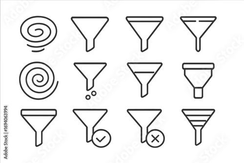 Filter and funnel line icon set. Data sorting and processing symbols. Sales funnel, conversion, and vortex icons for UI, web design, and infographics. Vector outline pack.