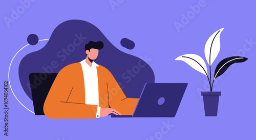 Professional man in orange jacket focused on work with laptop in a modern, minimalist workspace. Ideal for remote work, business, and digital lifestyle concepts.