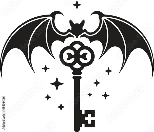Magic Key with Bat Wings Silhouette – Halloween Fantasy Vector Illustration 