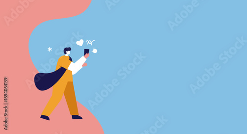 Stylized illustration of a person walking while interacting with a smartphone, receiving likes and messages. Represents social media, digital communication, and online lifestyle.