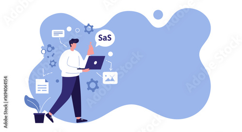A man with a laptop managing data and SaaS applications, representing modern business, technology, and cloud computing solutions.