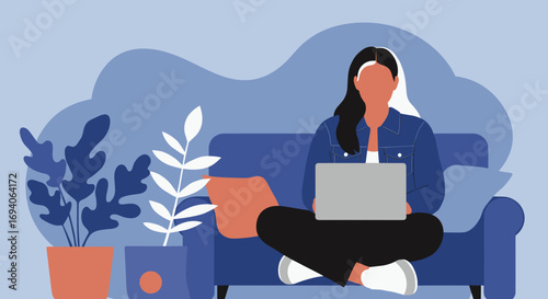 A young woman works comfortably from home, sitting cross-legged on a sofa with her laptop. Illustrates remote work, freelance lifestyle, or online learning.