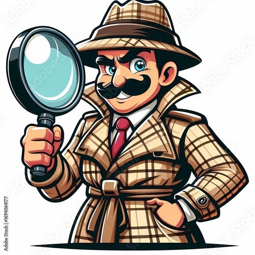 Cartoonish detective character with magnifying glass in cartoon style