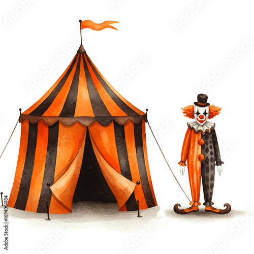 Vintage circus tent and clown evoke Halloween nostalgia and spooky fairground memories