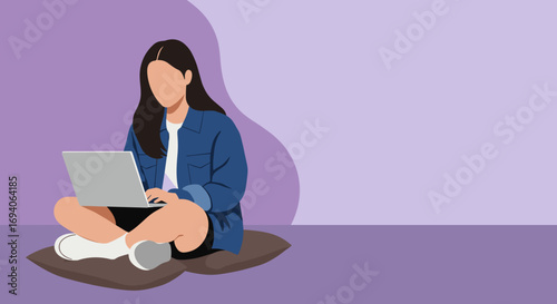 Young person sitting comfortably, working on a laptop. Represents remote work, online learning, digital nomad lifestyle, or casual internet use.
