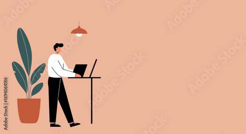 Productive man focused on his laptop at a minimalist standing desk, embodying modern remote work and efficient home office lifestyle. Ideal for business, technology, and healthy living concepts.