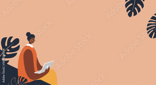 Professional Black woman focused on her laptop in a modern, plant-filled environment. Ideal for remote work, online learning, or digital lifestyle concepts.
