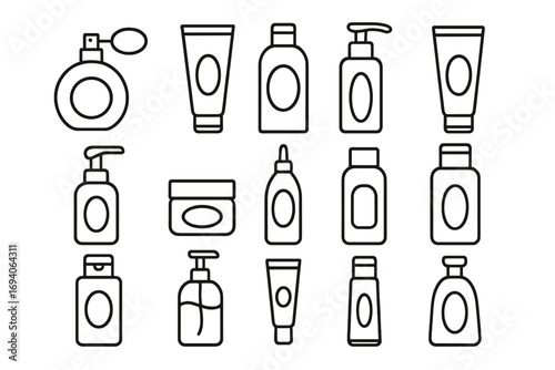 Cosmetic bottles line icon set. Skincare packaging vector collection. Perfume, cream tube, shampoo, lotion dispenser, soap bottle, gel jar outline signs for beauty product.