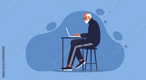 Engaged senior man using a laptop, casually dressed, sitting at a desk. Depicts remote work, online learning, or digital connection for an active lifestyle.