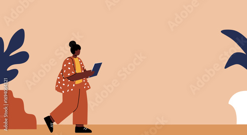 A modern, stylized illustration features a focused woman walking outdoors while engaging with her laptop in a minimalist, abstract, and warm-toned environment.