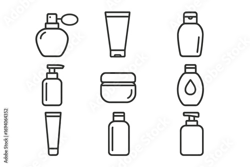 Cosmetic line icon set. Beauty products vector collection. Skincare, hygiene symbols. Perfume, shampoo, cream, lotion, gel bottle, tube, jar outline signs. Minimalist pictograms.