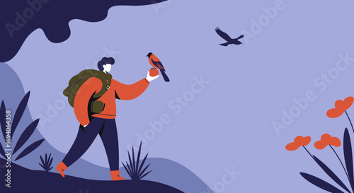 A backpacker in a serene natural landscape offers an apple to a bird, symbolizing harmony with nature and outdoor adventure. Ideal for travel or lifestyle content.