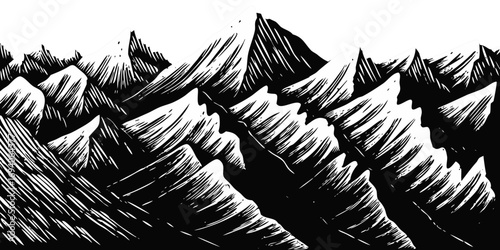 Dramatic black and white mountain range illustration