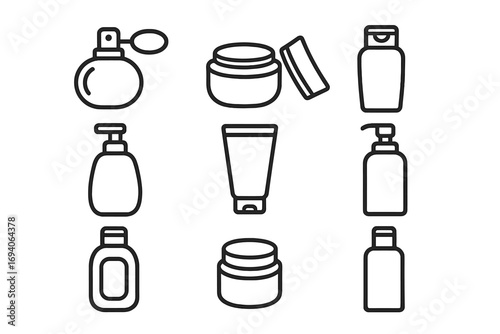 Cosmetic bottles line icon set. Perfume, cream jar, shampoo, lotion tube, soap dispenser. Skincare and beauty product container outline symbols for web design. Vector.