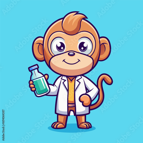 monkey scientist smiles while holding bright chemical liquid