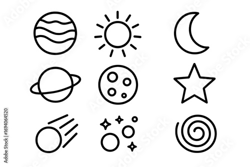 Space line icon pack. Cosmos outline signs for graphic and web design. Planet, sun, moon, star, comet, galaxy vector symbols. Astronomy and astrology illustration set.