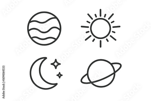 Cosmos line icon pack with planet, sun, moon, stars, saturn. Celestial body outline signs for graphic and web design, apps. Astronomy space symbols vector cartoon illustration.